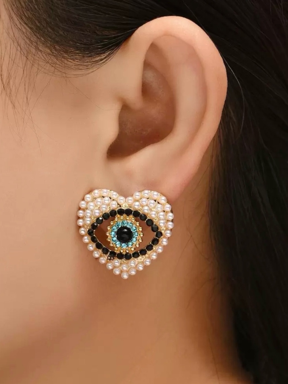 Pearl Heart Evil Eye Stud Earrings - Black & Turquoise